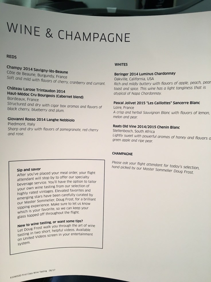 united polaris first soft menu wine list