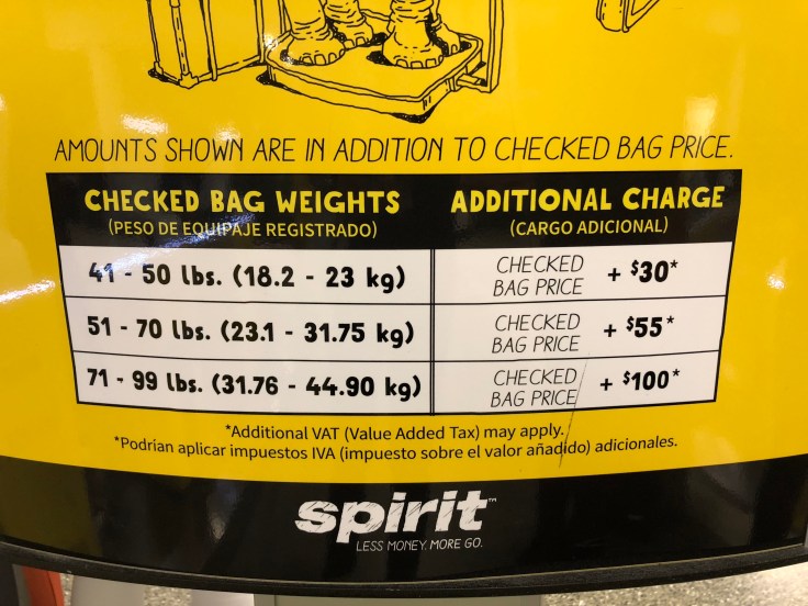 spirit airlines airport bag pricing close up