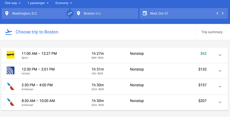 spirit airlines sample route bwi-bos
