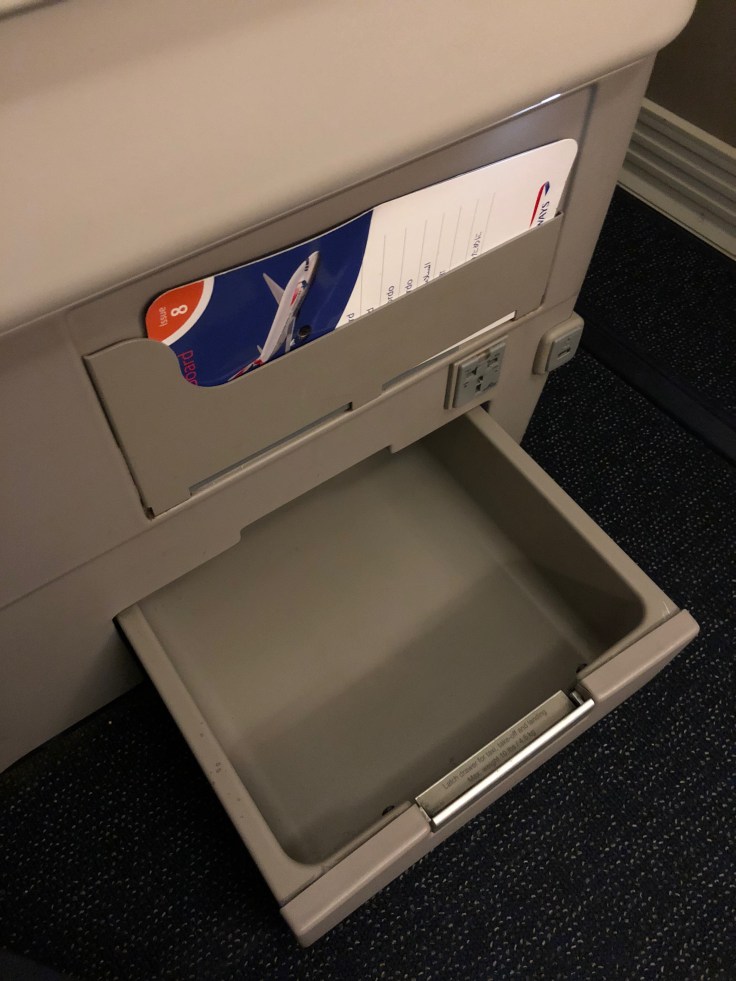 british airways club world hard seat side column drawer open