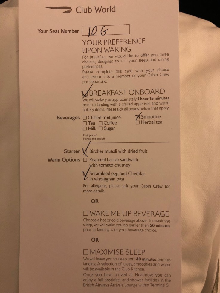 british airways club world soft breakfast menu card