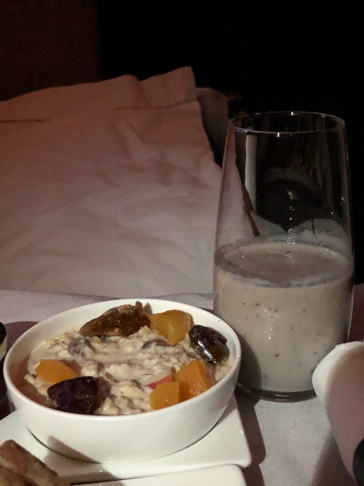 british airways club world soft meal arrival snack oatmeal and smoothie
