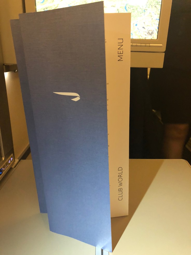 british airways club world soft meal menu 1
