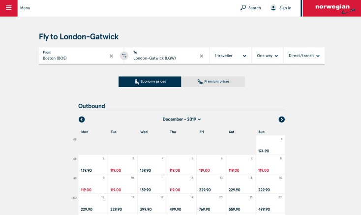 2019 Norwegian Air Booking 02 Calendar