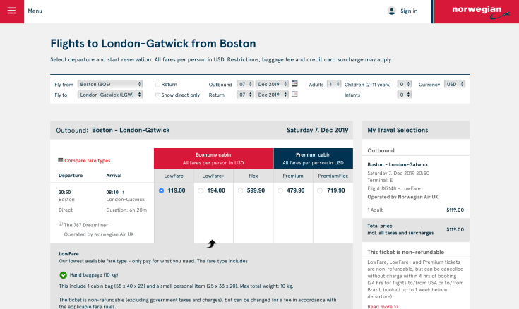 2019 Norwegian Air Booking 03 Fare Selection