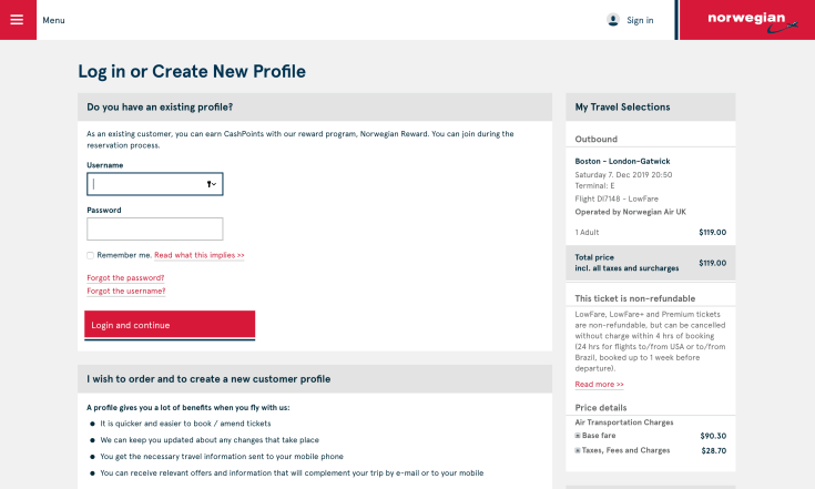 2019 Norwegian Air Booking 05 Log In