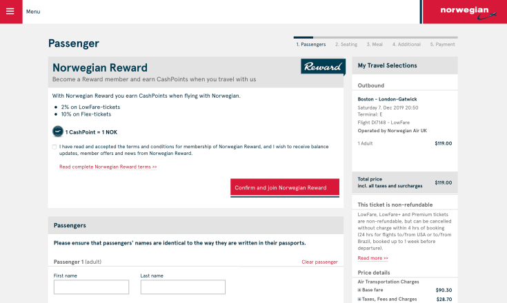 2019 Norwegian Air Booking 06 Passenger Info 1