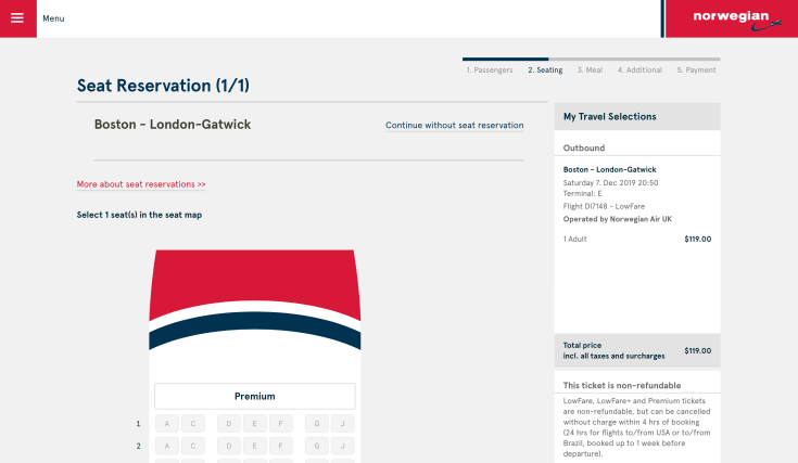 2019 Norwegian Air Booking 07 Seat Selection 1
