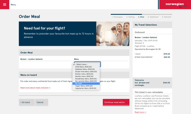 2019 Norwegian Air Booking 08 Menu 1