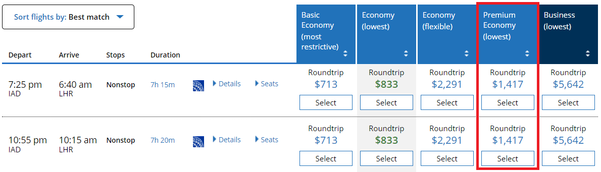 United Premium Economy Fares