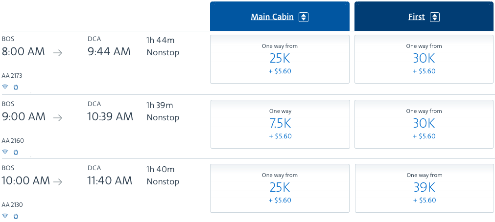 2020 american airlines domestic first flight comparison points