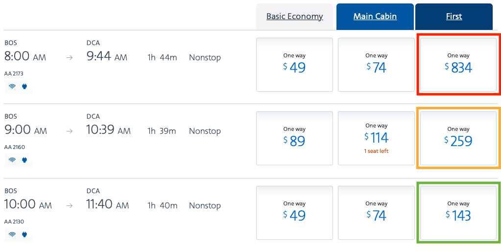 2020 american airlines domestic first flight comparison cash